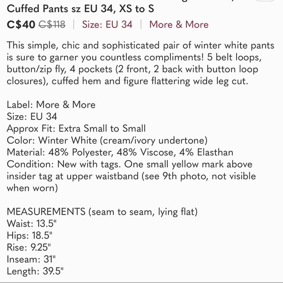 More & More White Winter Wide Leg Trousers, Cuffed Pants sz EU 34, XS to S - Picture 2 of 12